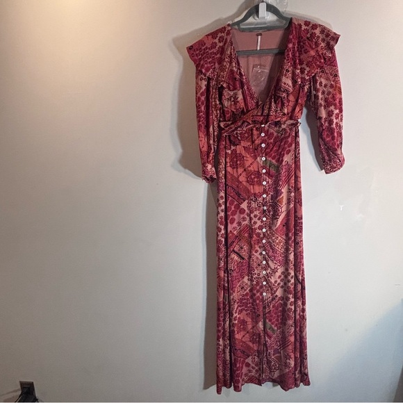 FREE PEOPLE Sz XS Lennon Dress Ruffle Neck Maxi Length Bohemian Patterned NEW - Picture 2 of 15
